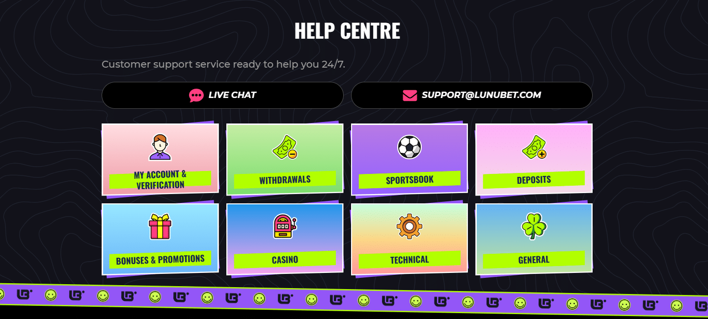 Una captura de pantalla de la página del centro de ayuda de LunuBet