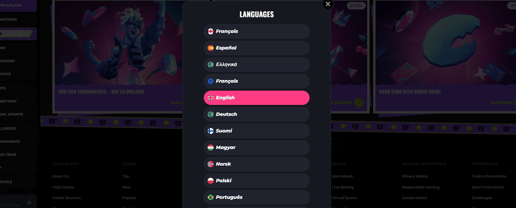 Menú de selección de idioma de la IU de Lunubet