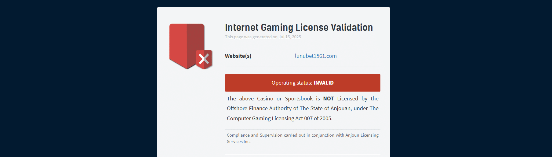 Licencia de juego inválida de LunuBet - Anjouan