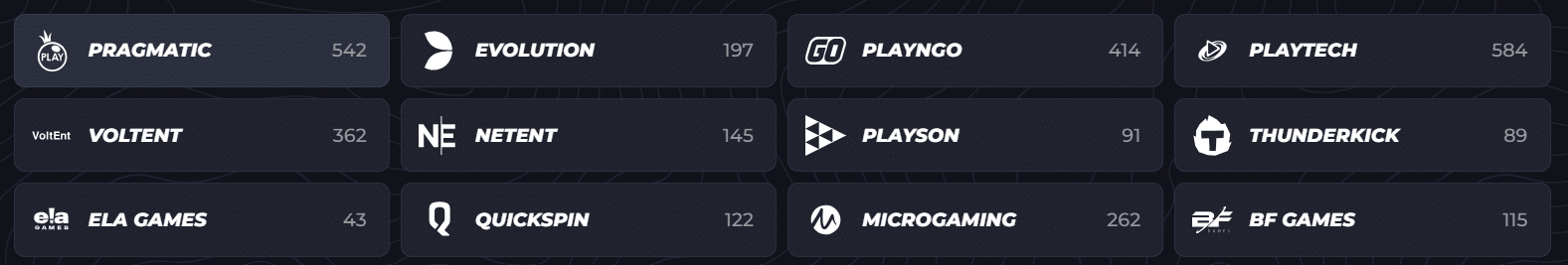 Una muestra de la lista de proveedores que trabajan con LunuBet