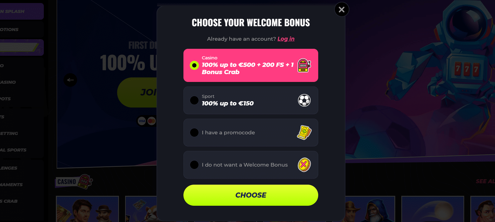 La pantalla de registro en LunuBet.com