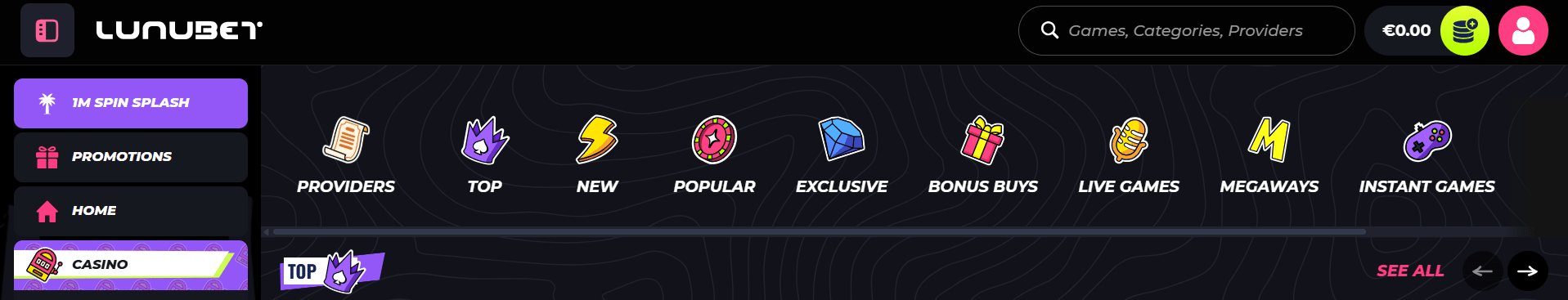 UX LunuBet ejemplo de selección de juegos