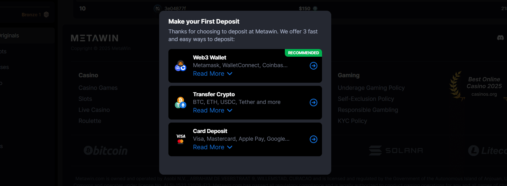 Metawin crypto payment options