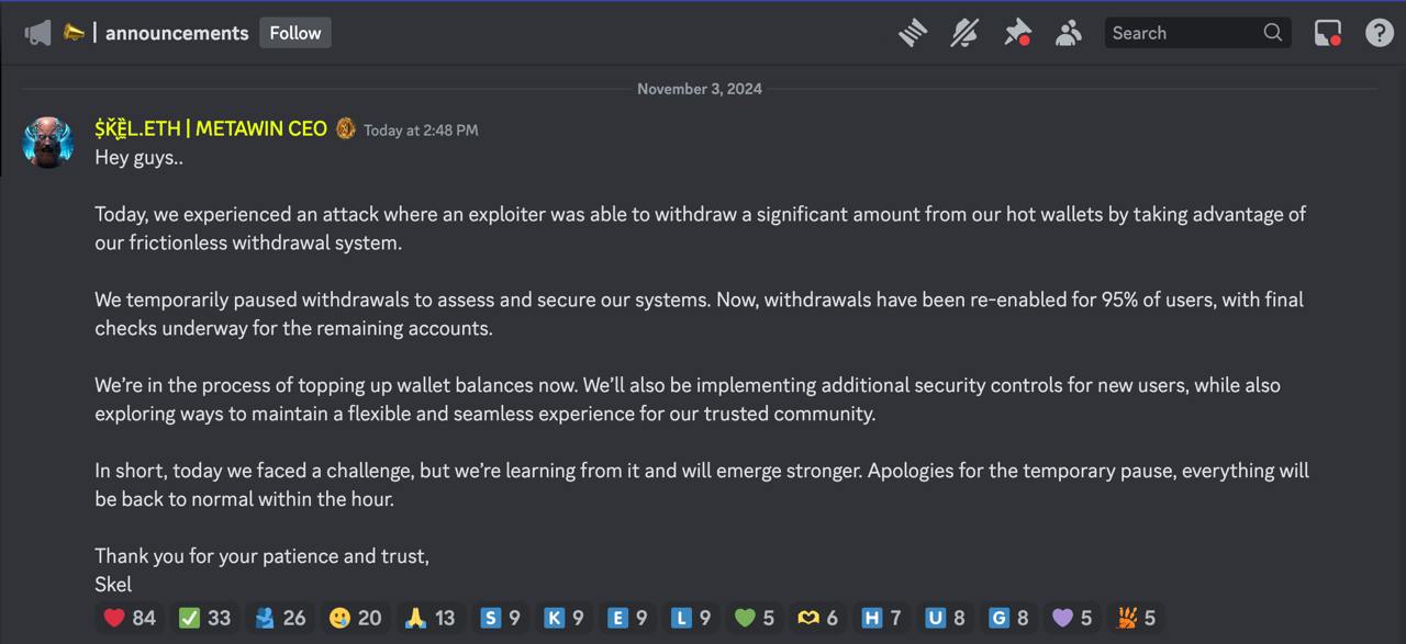 Communication of Metawin data breach