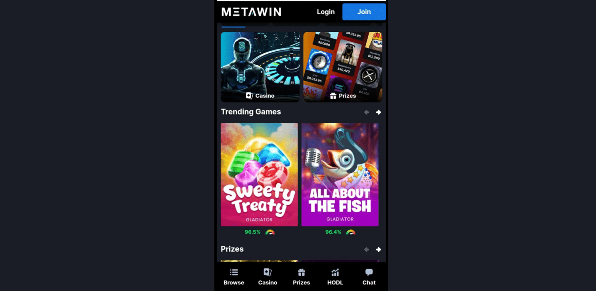Metawin mobile gaming interface