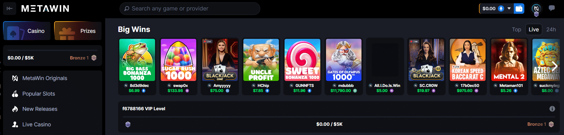 Metawin main site user interface