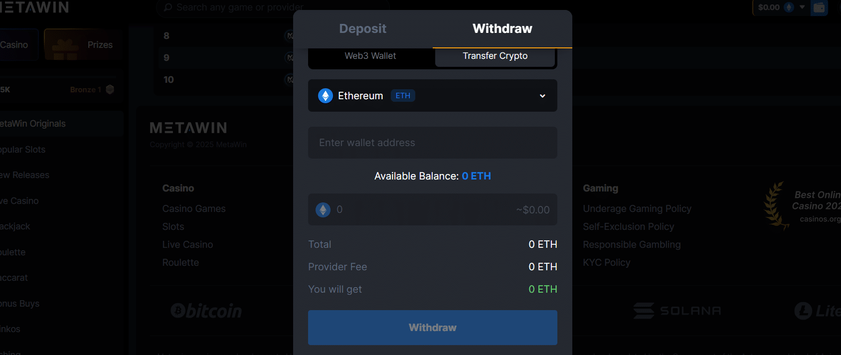 Metawin crypto withdrawal options