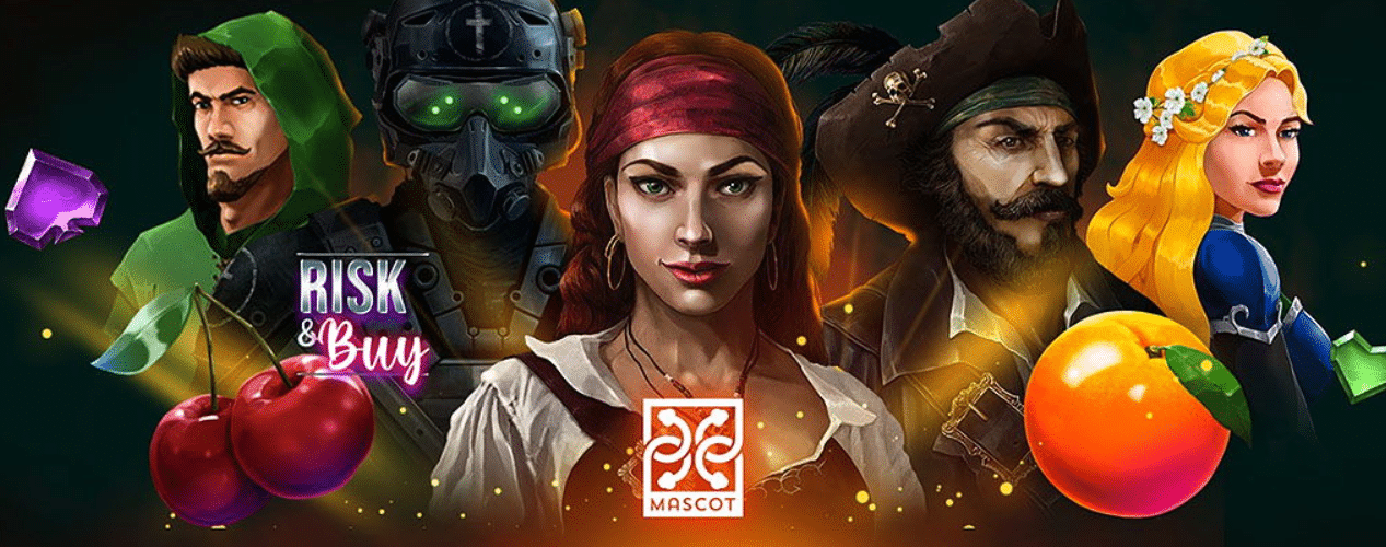 A promotional banner for Mascot's risk and buy game mechanic