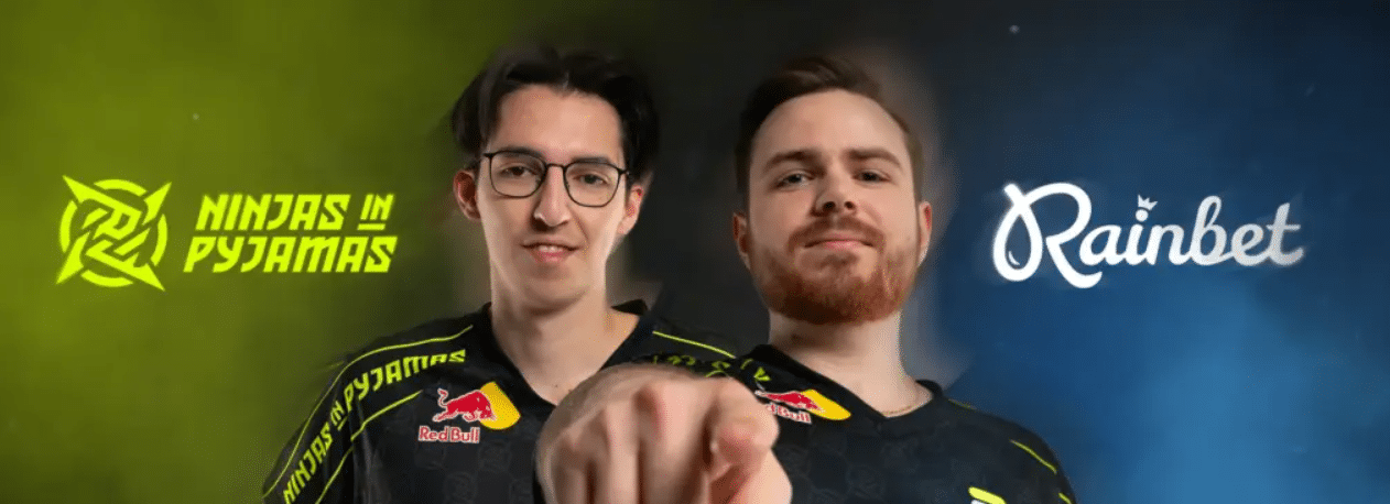 A promo image of the sponsorship between esports team ninjas in pyjamas and rainbet 