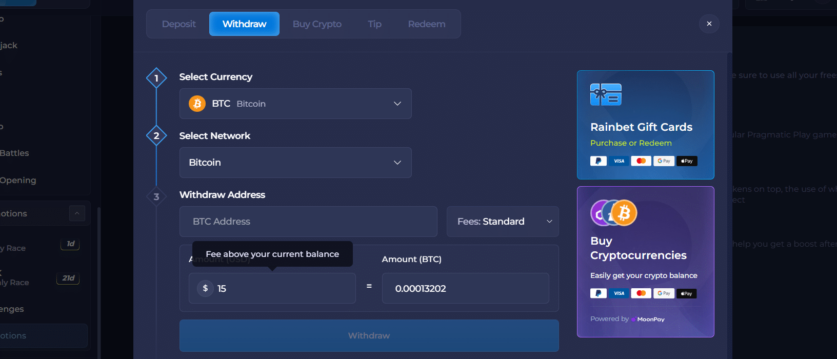 An image of Rainbet's payment window, the withdrawal tab.