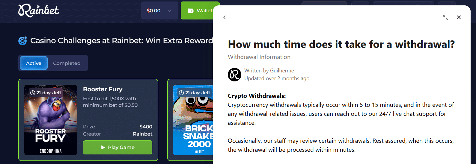 An example of a Rainbet help center article.