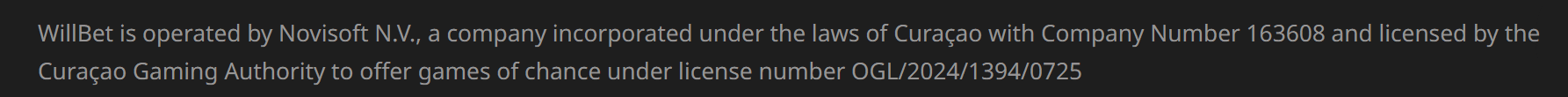 The license number for WillBet issued by the Curacao Gaming Athority
