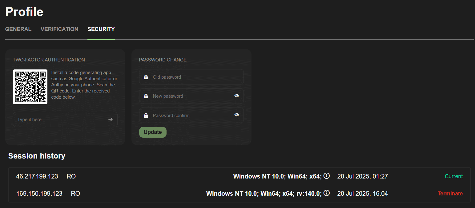 The security tab at WillBet casino, in the profile page