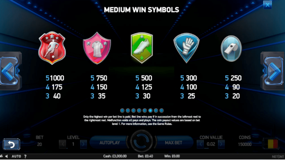 Football Champions Cup video slot payout table