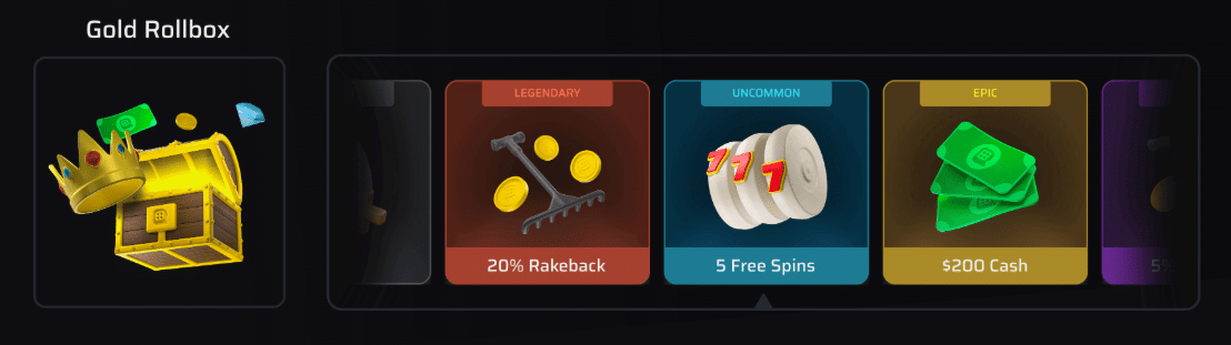 Rollify Gold Rollbox UI showing prizes: 20% rakeback, 5 free spins, $200 cash