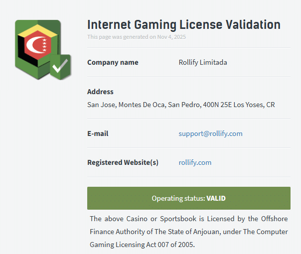 Rollify Anjouan gaming licence validation, License No. 3102908645 (Rollify Limitada)