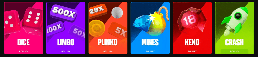 Rollify provably-fair originals—Dice, Limbo, Plinko, Mines, Keno and Crash