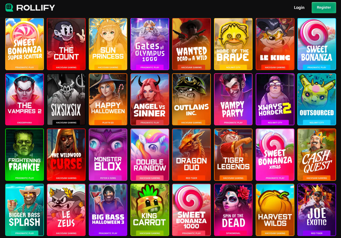 Rollify slots lobby with titles from Pragmatic Play, NetEnt, Nolimit City and more