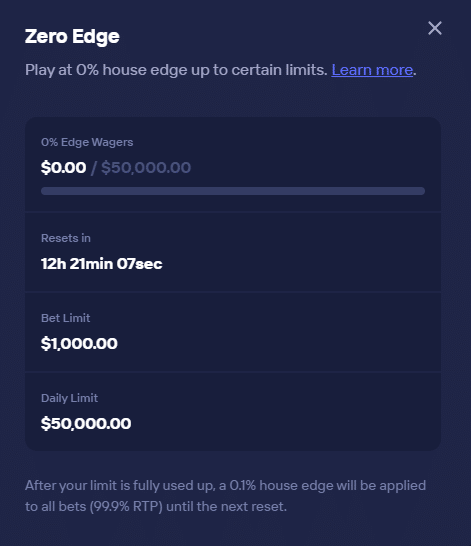 Duel Originals panel with $50k daily 0% allowance, $1k bet cap, 0.1% after limit.
