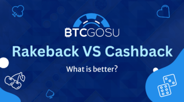 BTCGOSU article thumbnail titled "Rakeback vs. Cashback - Waht is better?" set against a blue background with gaming icons