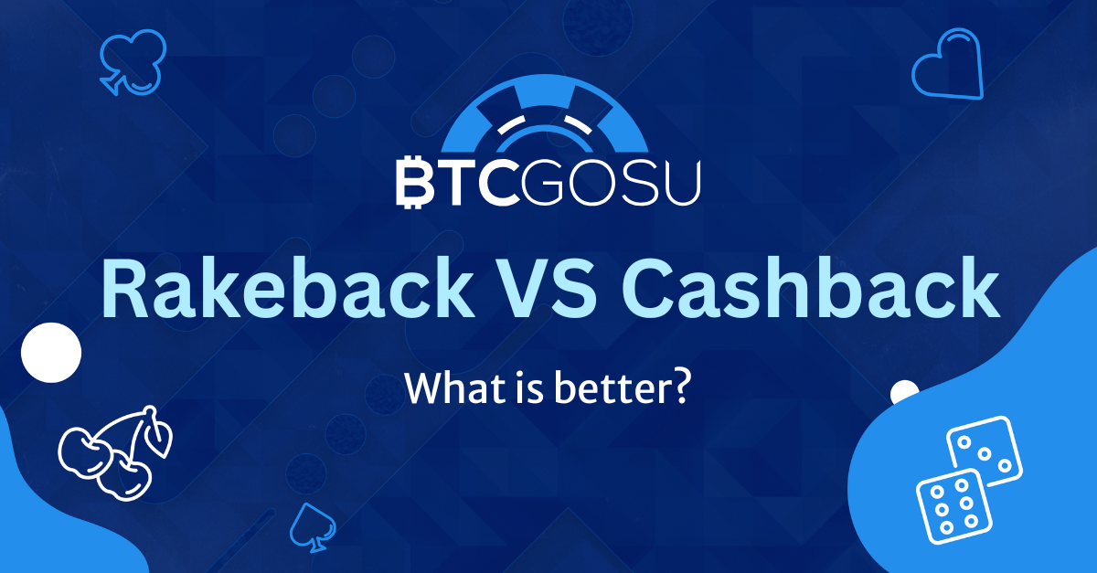BTCGOSU article thumbnail titled "Rakeback vs. Cashback - Waht is better?" set against a blue background with gaming icons