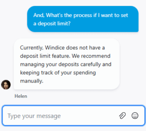Customer support screenshot for Windice casino
