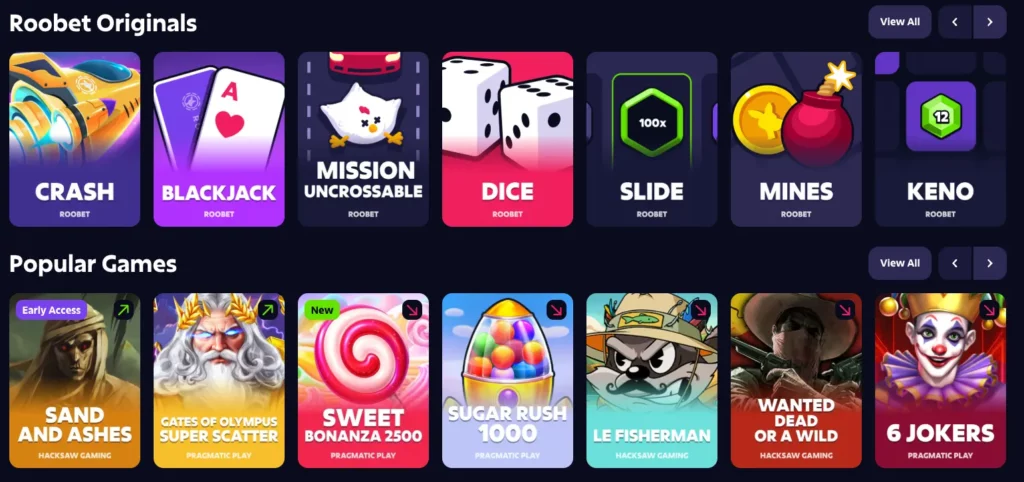 Roobet's game lobby